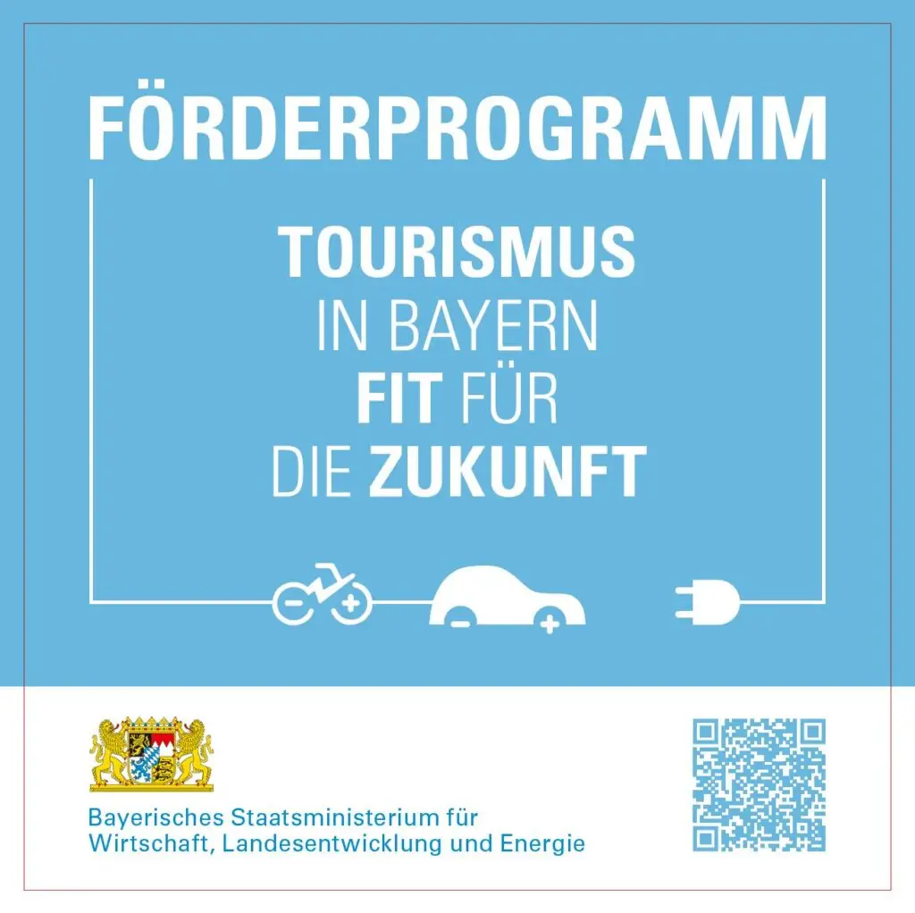 Blaue Informationsgrafik mit der Aufschrift &bdquo;F&ouml;rderprogramm Tourismus in Bayern, fit f&uuml;r die Zukunft&ldquo; und Symbolen f&uuml;r Mobilit&auml;t.