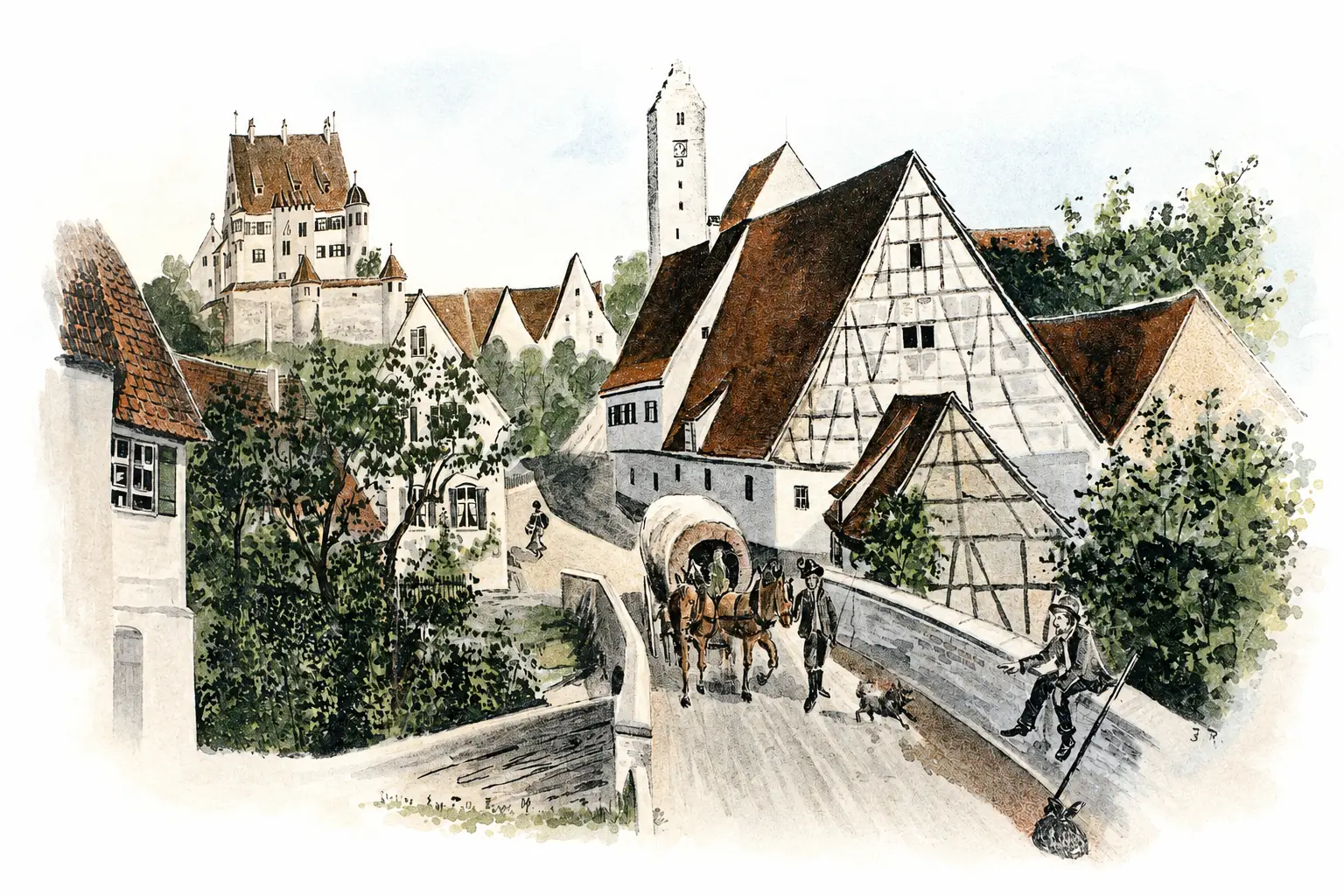 historische Ortsansicht mit Fachwerkhäusern und Kirchturm.