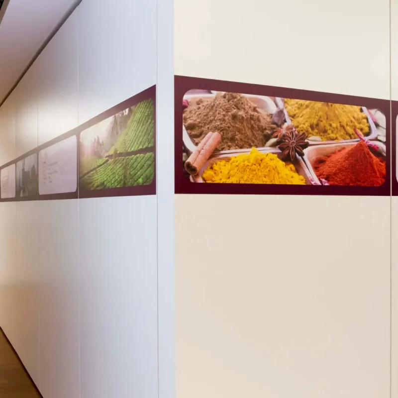 Wandgestaltung mit mehreren farbigen Landschafts- und Detailfotografien in einem hellen Raum.