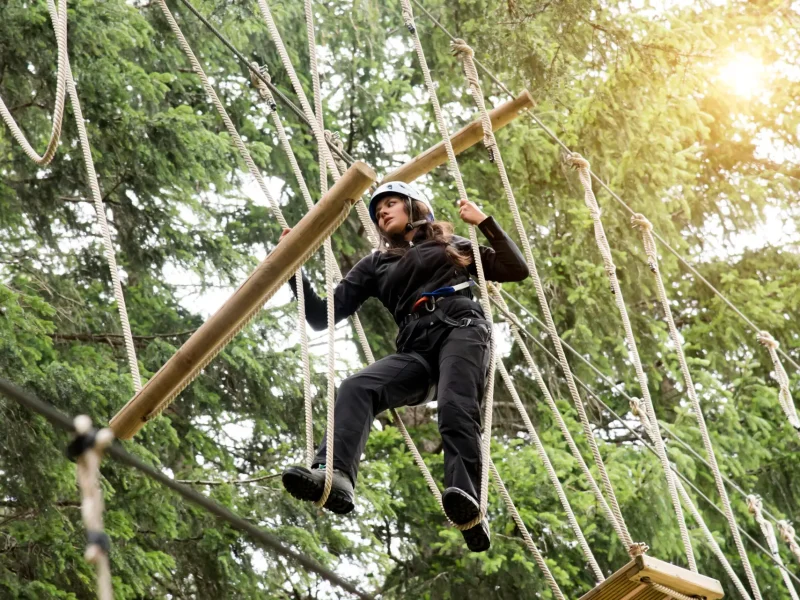 Person in dunkler Kleidung klettert an einer Seilkonstruktion im Wald.